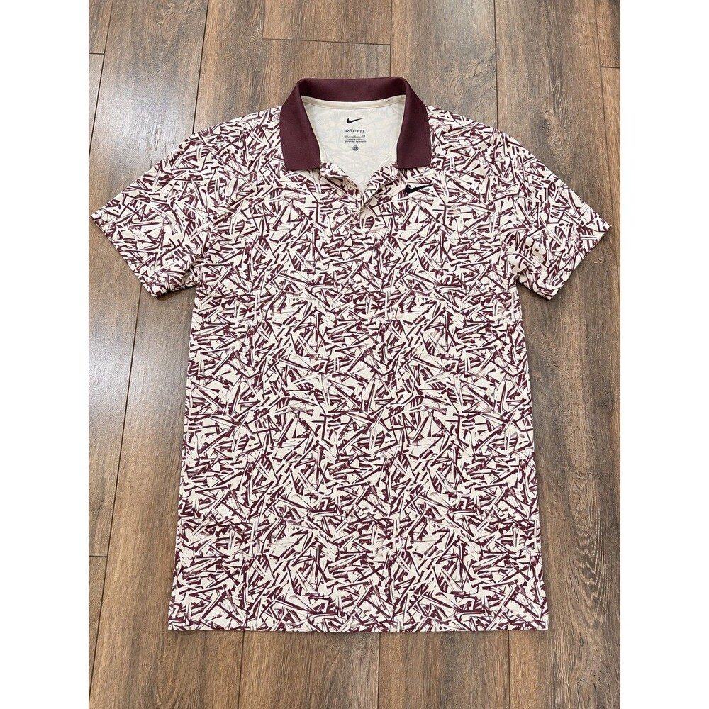 Nike Dri-FIT Golf Polo Mens S Cream Burgundy Abstract Print Swoosh